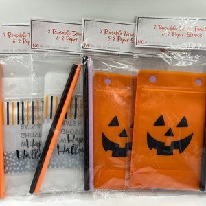 4 Packs of Happy Halloween/Pumpkin 2 Reusable Drink Pouches & 2 Paper Straws